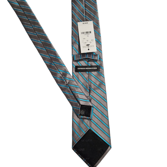 Express Design Studio Gray Aqua Blue Striped Silk Blend Tie NWT Men’s Necktie - Picture 5 of 6